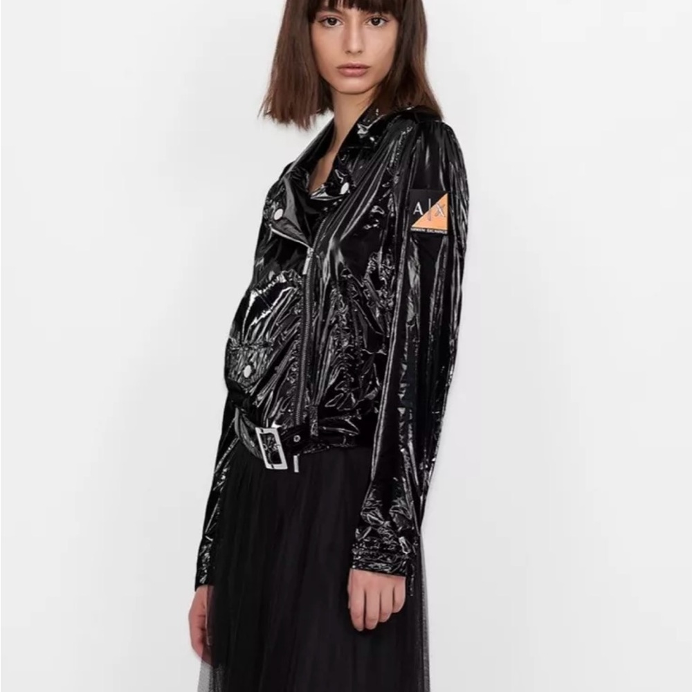 Armani Exchange Black VINYL Motorcycle  Biker BELTED Jacket